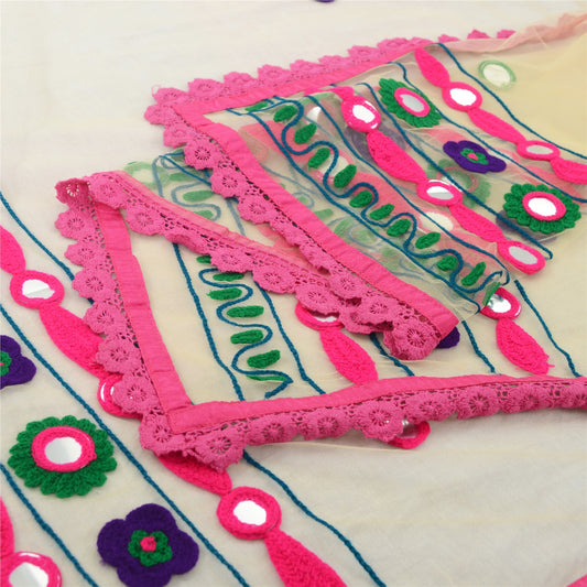 Sanskriti Vintage Cream Dupatta Long Stole Net Mesh Hand Embroidered Wrap Hijab