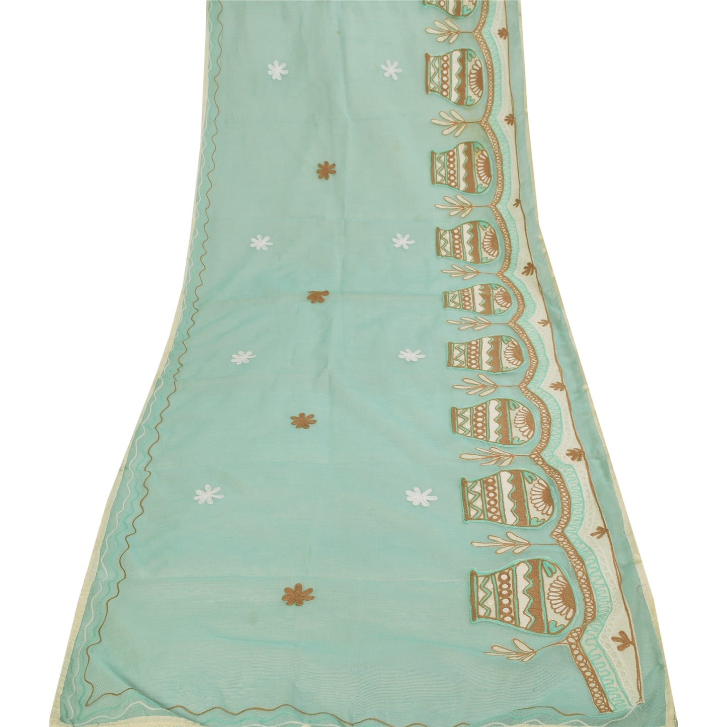 Sanskriti Vintage Sea Green Dupatta Long Stole Blend Cotton Embroidered Scarves