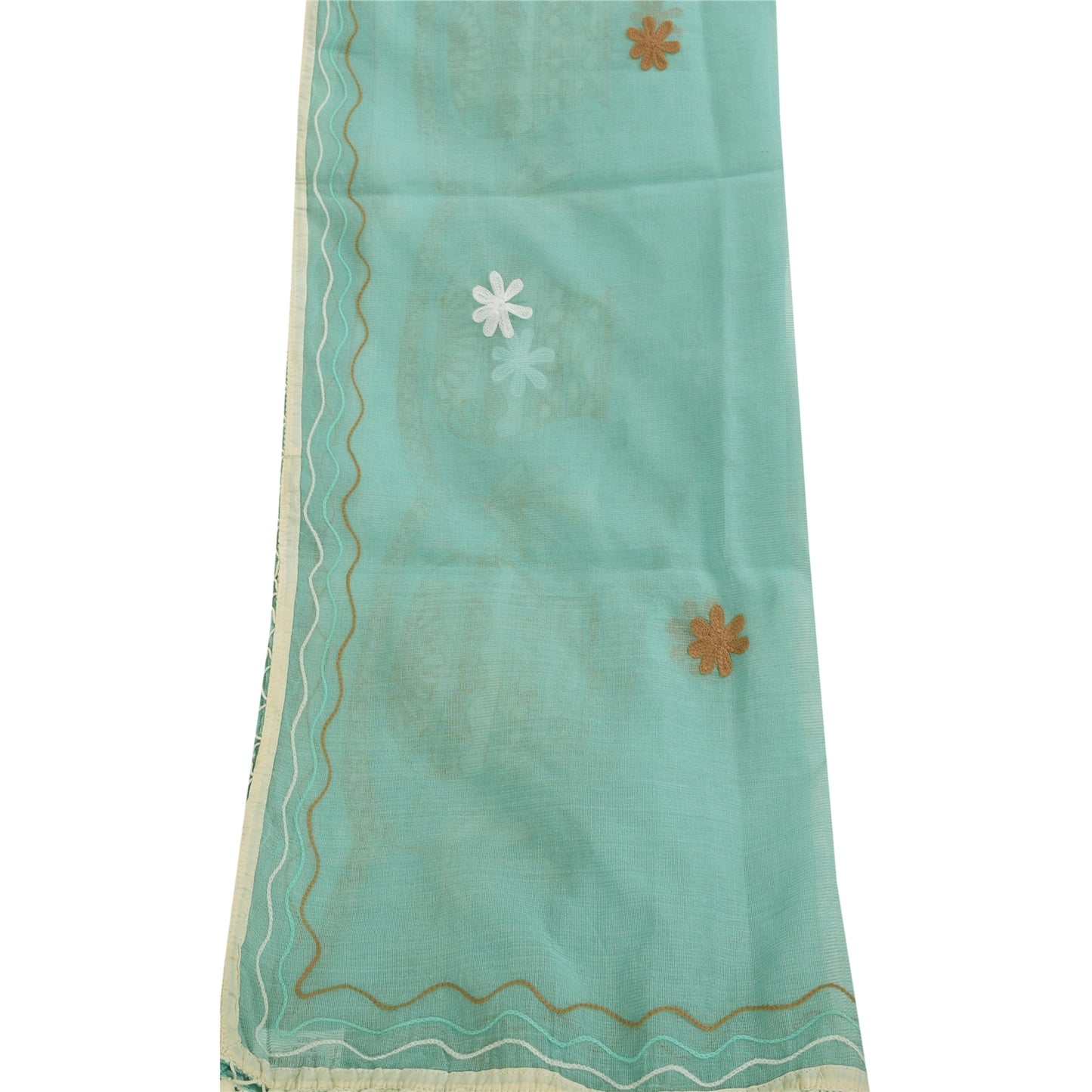 Sanskriti Vintage Sea Green Dupatta Long Stole Blend Cotton Embroidered Scarves