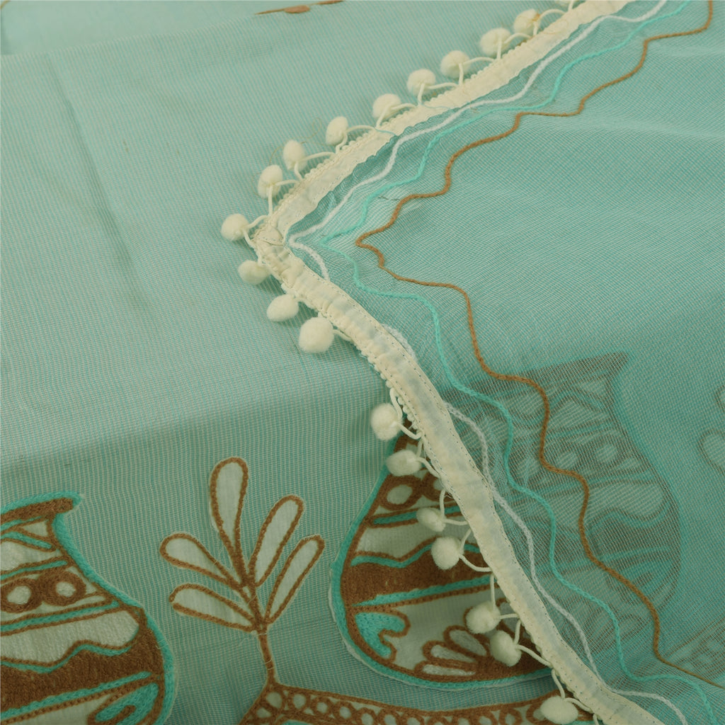 Sanskriti Vintage Sea Green Dupatta Long Stole Blend Cotton Embroidered Scarves