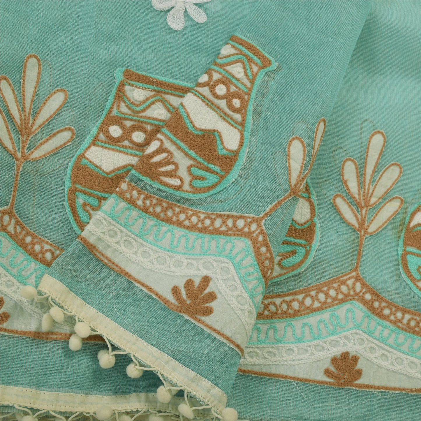 Sanskriti Vintage Sea Green Dupatta Long Stole Blend Cotton Embroidered Scarves