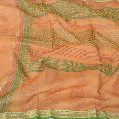 Sanskriti Vintage Dupatta Long Stole Pure Silk Saffron Shawl Block Printed Veil Scarves