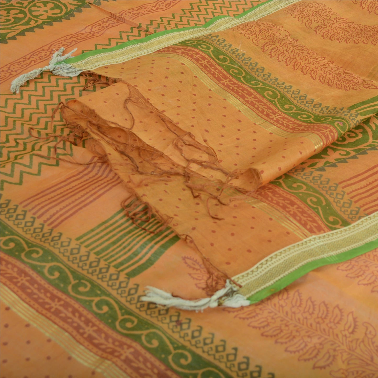 Sanskriti Vintage Dupatta Long Stole Pure Silk Saffron Shawl Block Printed Veil Scarves