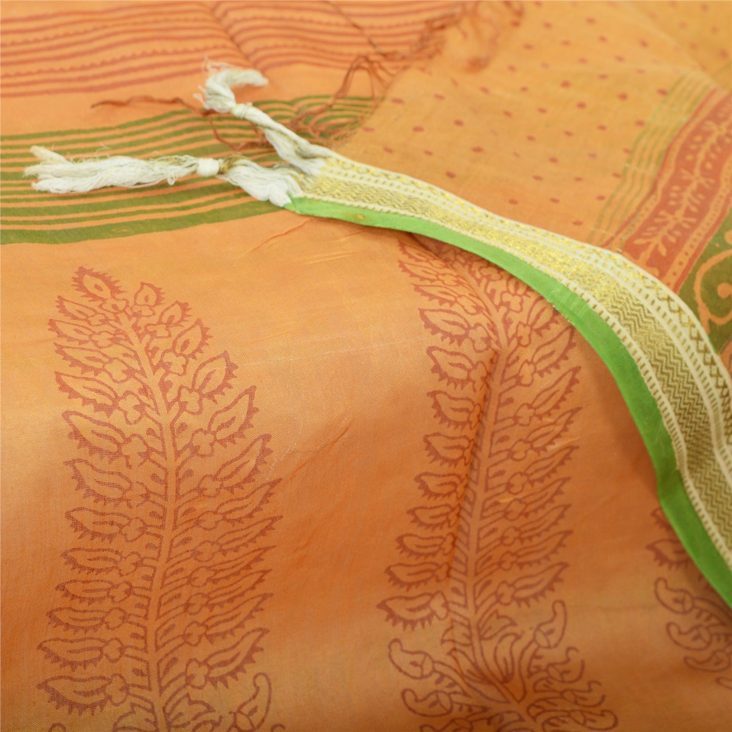 Sanskriti Vintage Dupatta Long Stole Pure Silk Saffron Shawl Block Printed Veil Scarves