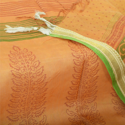 Sanskriti Vintage Dupatta Long Stole Pure Silk Saffron Shawl Block Printed Veil Scarves