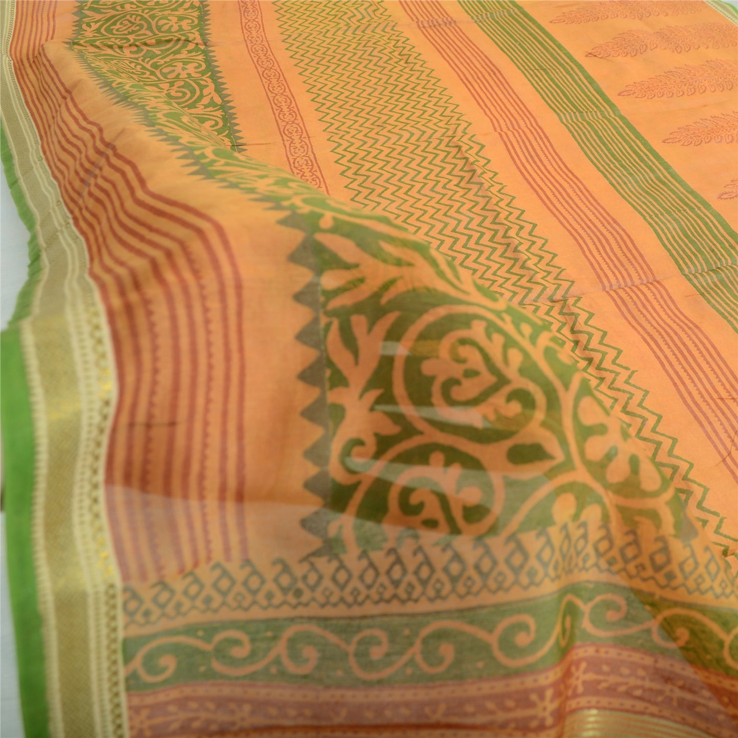 Sanskriti Vintage Dupatta Long Stole Pure Silk Saffron Shawl Block Printed Veil Scarves