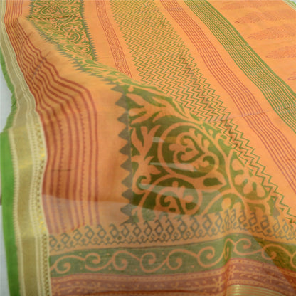 Sanskriti Vintage Dupatta Long Stole Pure Silk Saffron Shawl Block Printed Veil Scarves