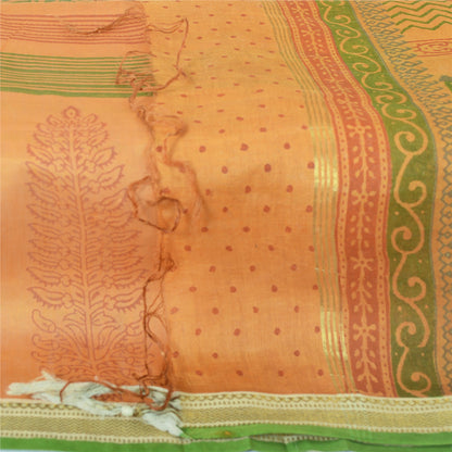 Sanskriti Vintage Dupatta Long Stole Pure Silk Saffron Shawl Block Printed Veil Scarves