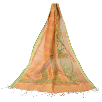 Sanskriti Vintage Dupatta Long Stole Pure Silk Saffron Shawl Block Printed Veil Scarves
