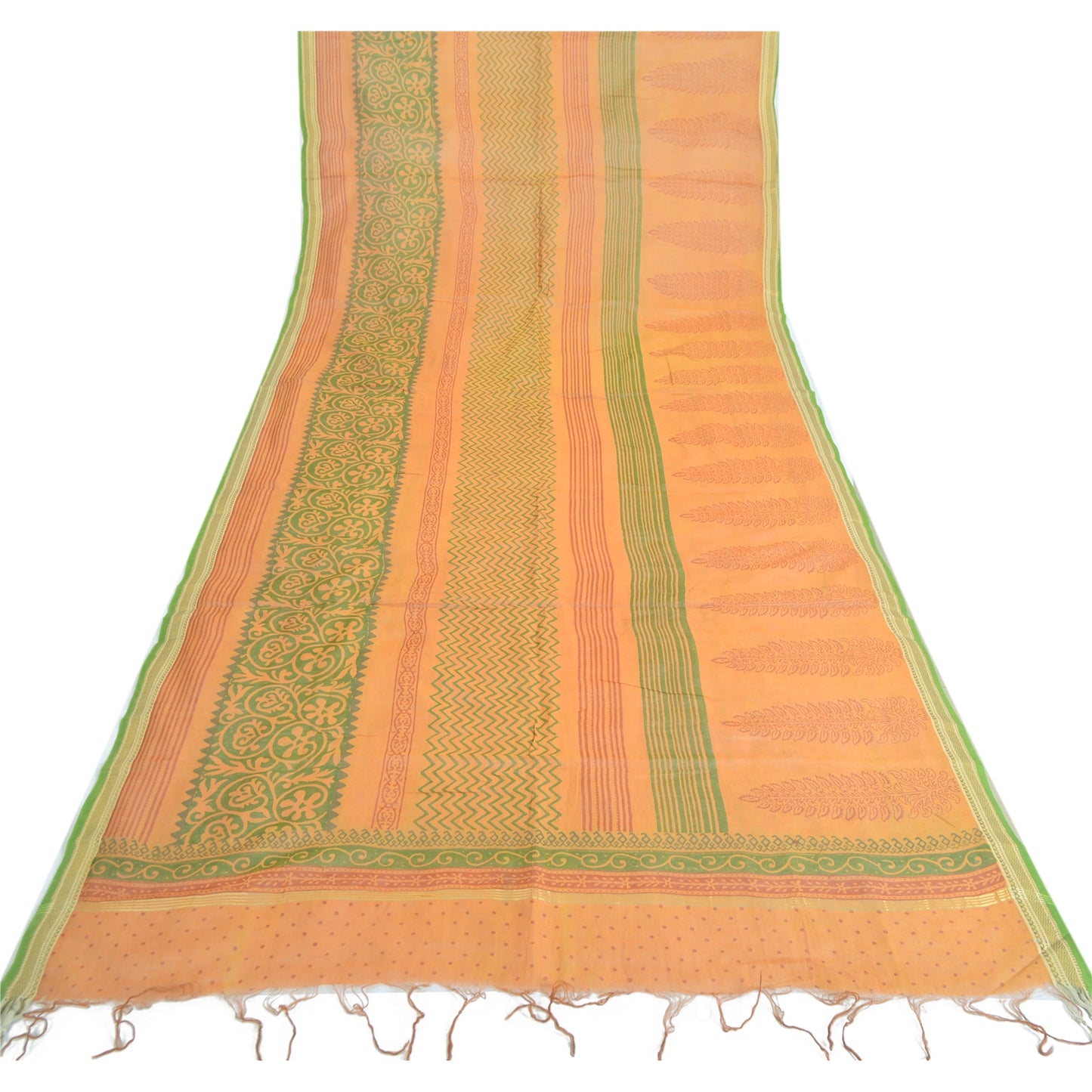 Sanskriti Vintage Dupatta Long Stole Pure Silk Saffron Shawl Block Printed Veil Scarves
