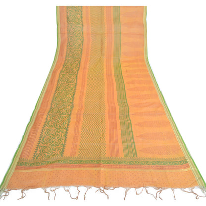Sanskriti Vintage Dupatta Long Stole Pure Silk Saffron Shawl Block Printed Veil Scarves