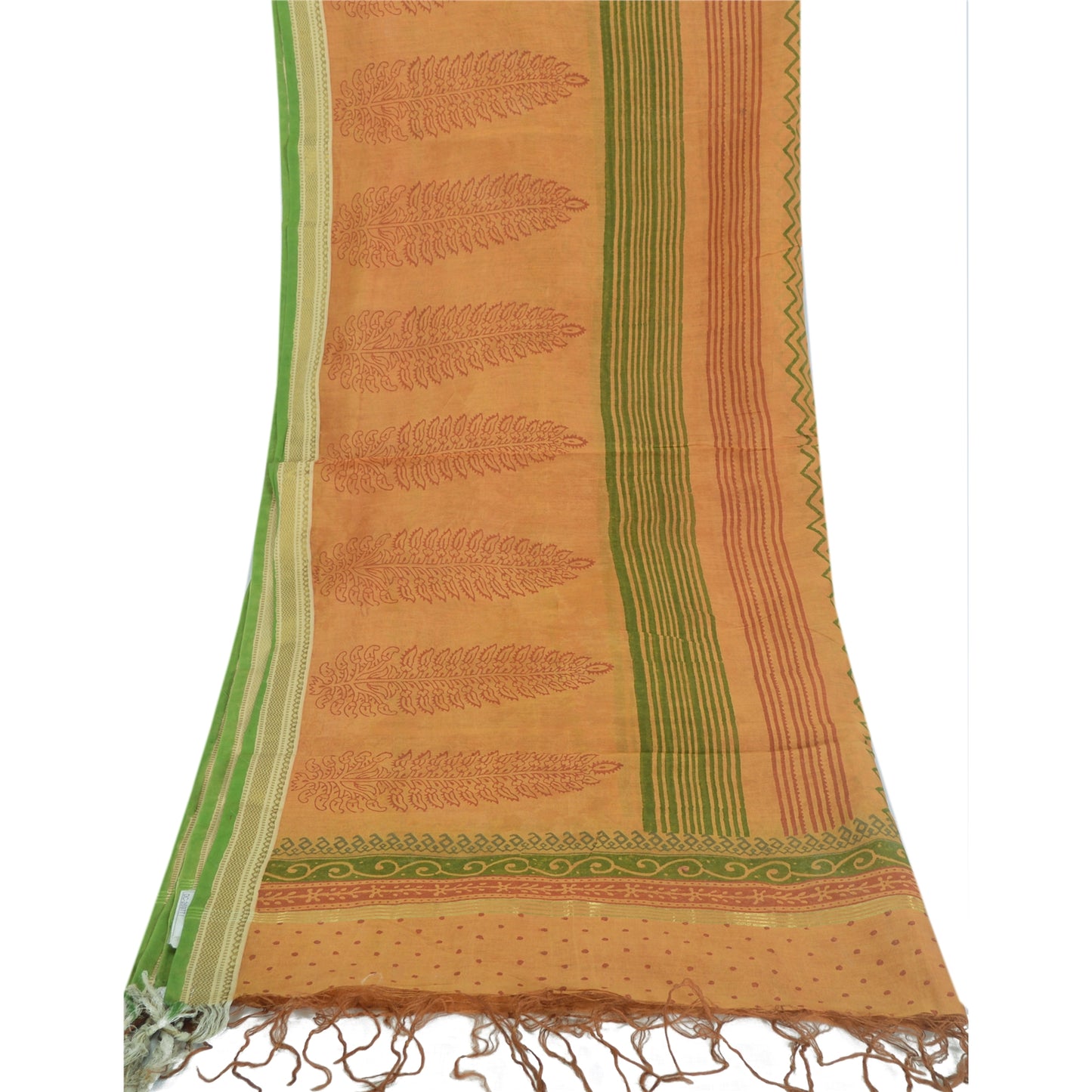 Sanskriti Vintage Dupatta Long Stole Pure Silk Saffron Shawl Block Printed Veil Scarves