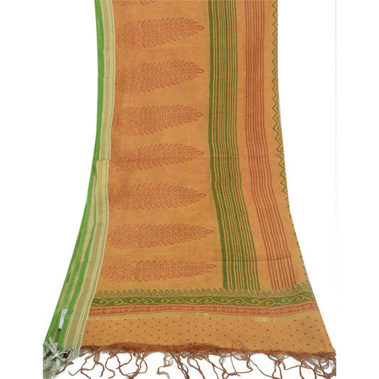 Sanskriti Vintage Dupatta Long Stole Pure Silk Saffron Shawl Block Printed Veil Scarves