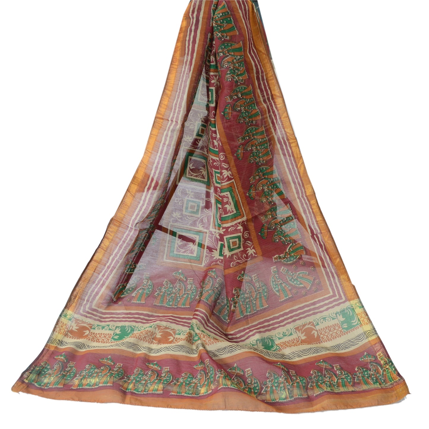 Sanskriti Vintage Dupatta Long Stole Pure Cotton Dark Red/Cream Printed Scarves