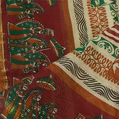 Sanskriti Vintage Dupatta Long Stole Pure Cotton Dark Red/Cream Printed Scarves