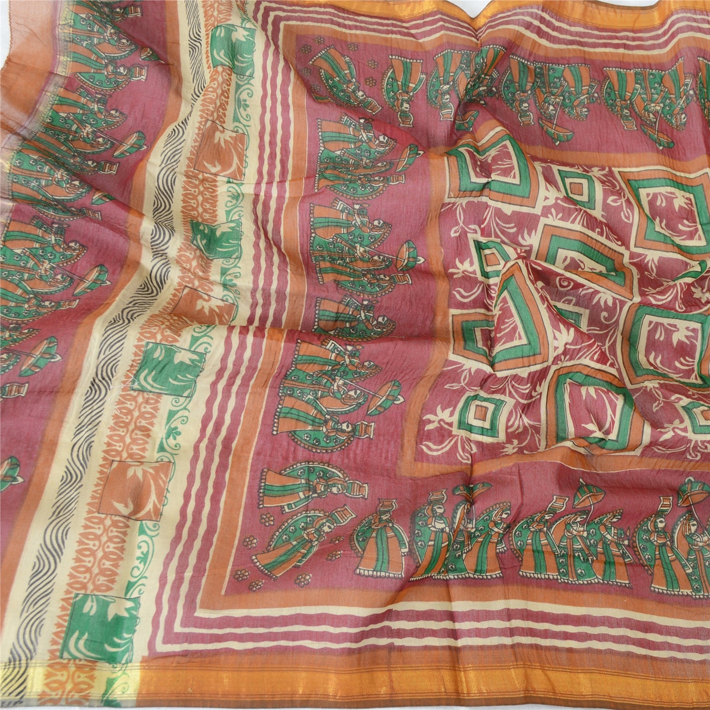 Sanskriti Vintage Dupatta Long Stole Pure Cotton Dark Red/Cream Printed Scarves