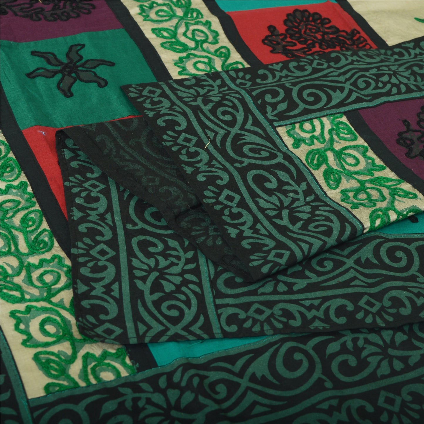 Sanskriti Vintage Dupatta Long Pure Cotton Green Hand Embroidered Hijab  India Upcycled Remnant Neck Shawl Craft Supplies