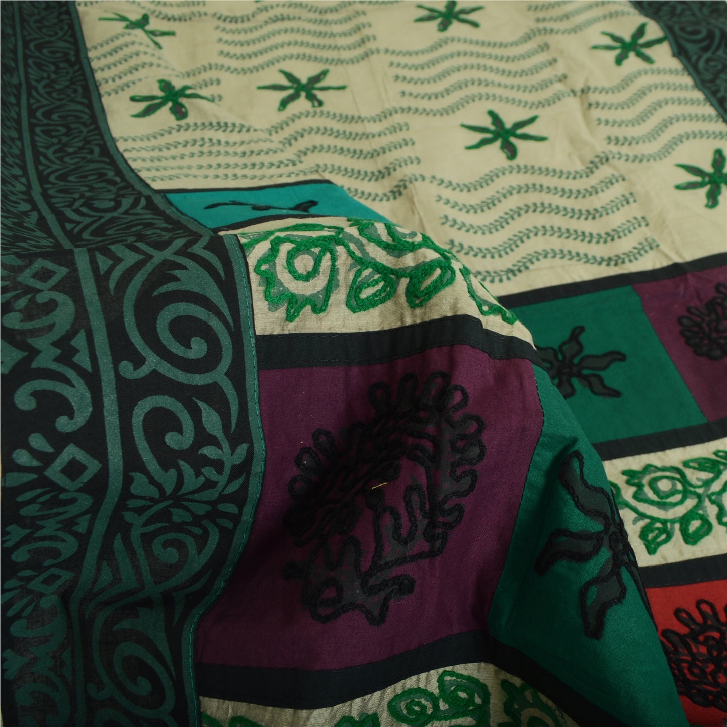 Sanskriti Vintage Dupatta Long Pure Cotton Green Hand Embroidered Hijab  India Upcycled Remnant Neck Shawl Craft Supplies