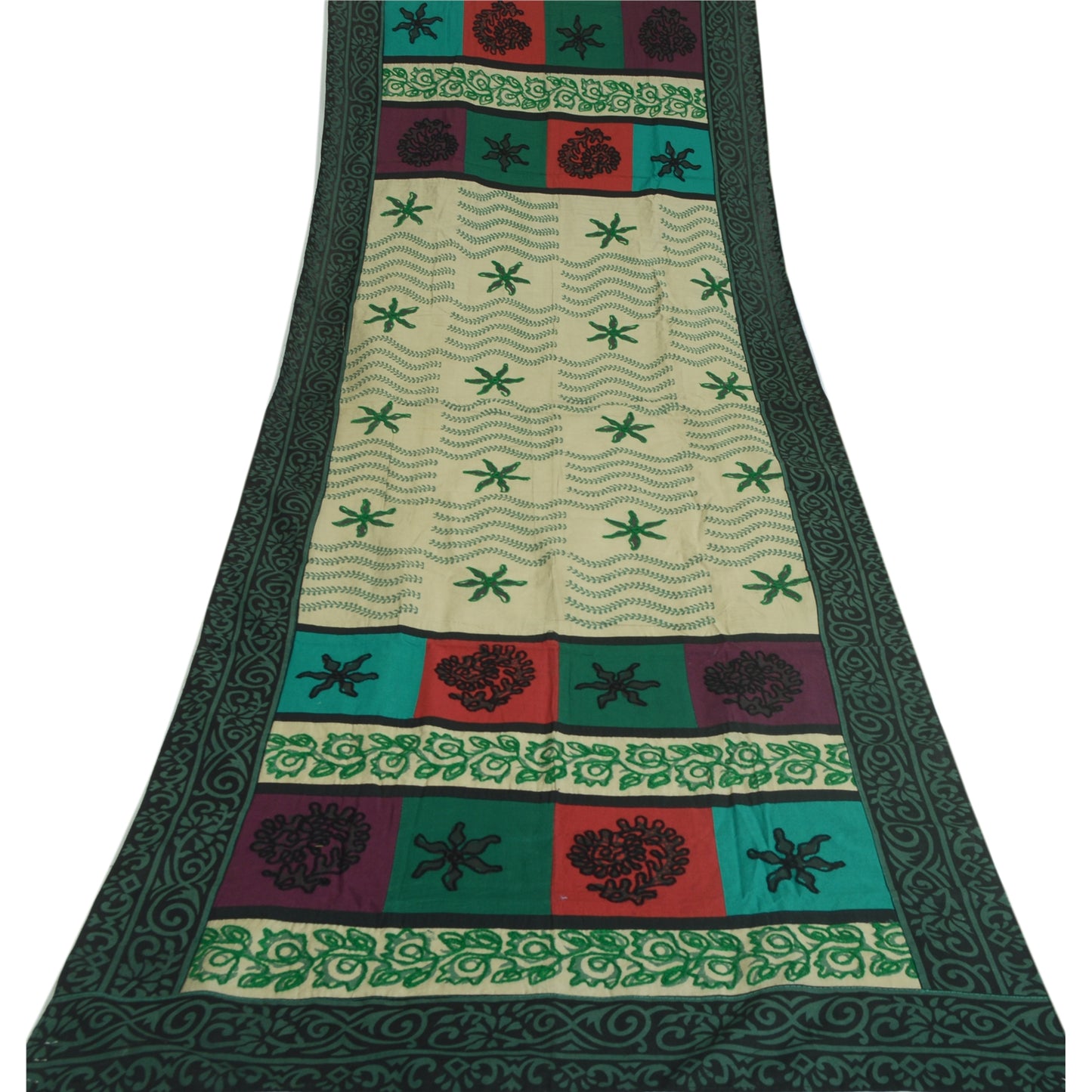 Sanskriti Vintage Dupatta Long Pure Cotton Green Hand Embroidered Hijab  India Upcycled Remnant Neck Shawl Craft Supplies