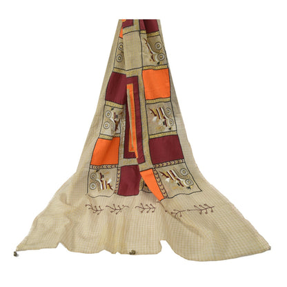 Sanskriti Vintage Dupatta Long Stole Cotton Ivory Hijab Embroidered Thread Woven