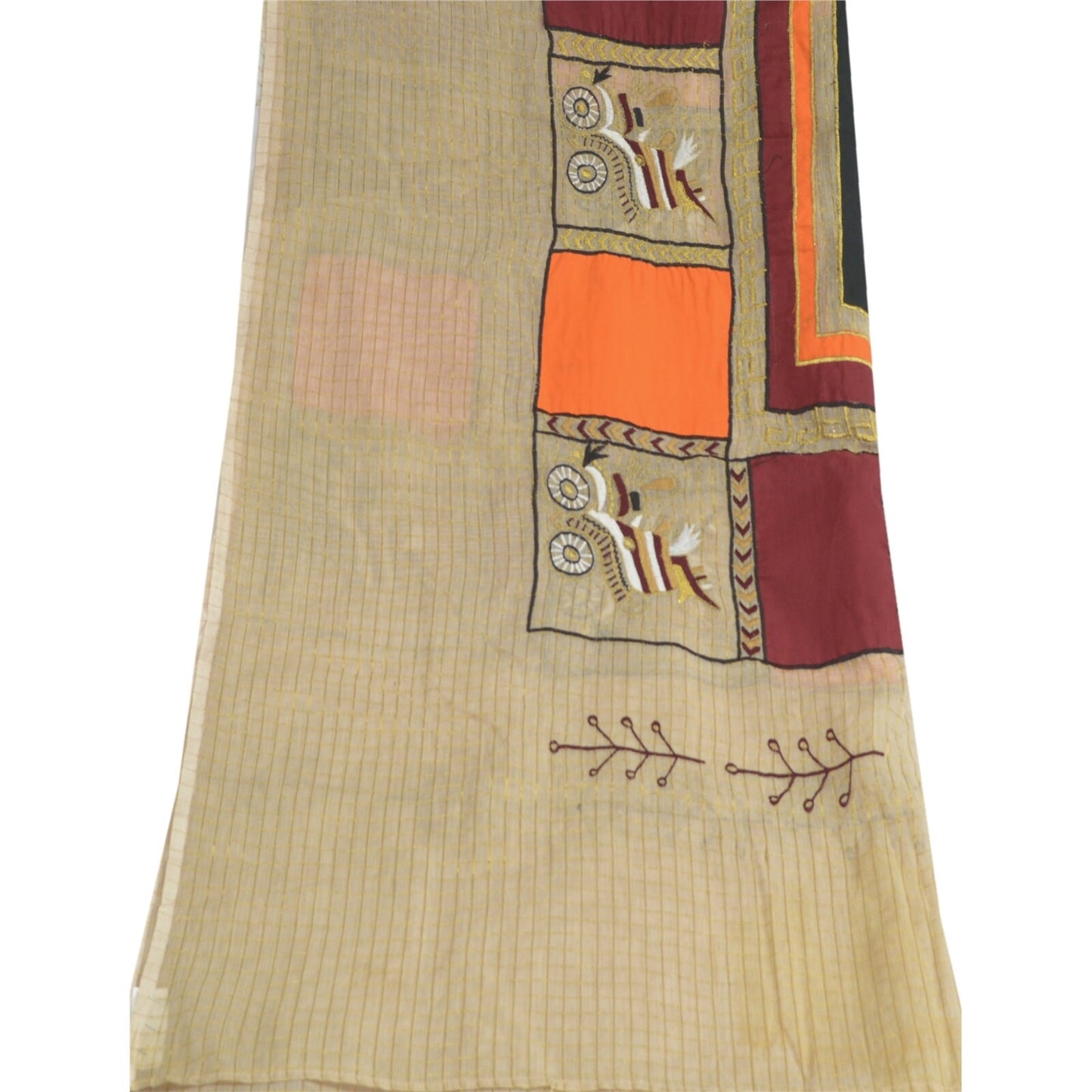 Sanskriti Vintage Dupatta Long Stole Cotton Ivory Hijab Embroidered Thread Woven