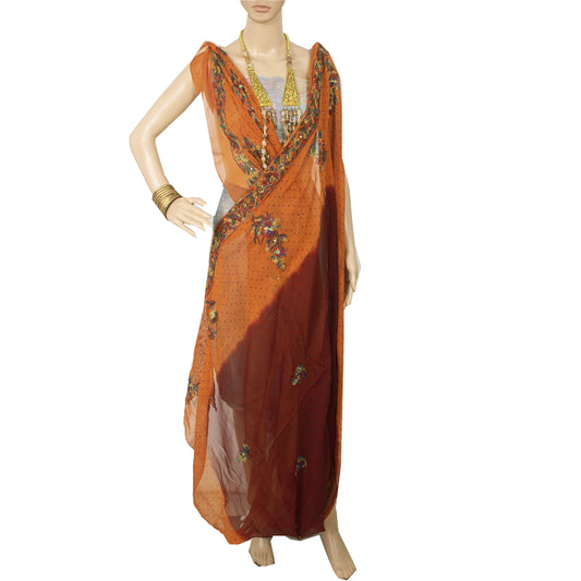 Sanskriti Vintage Dupatta Long Stole Pure Georgette Orange & Maroon Hand Beaded