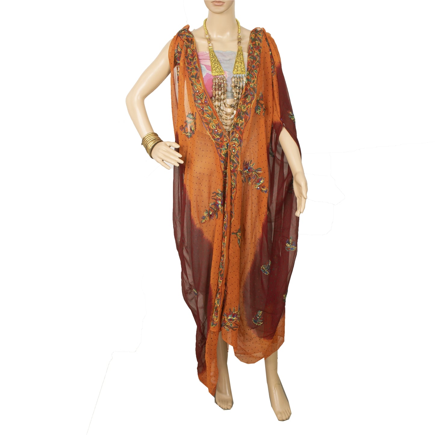 Sanskriti Vintage Dupatta Long Stole Pure Georgette Orange & Maroon Hand Beaded