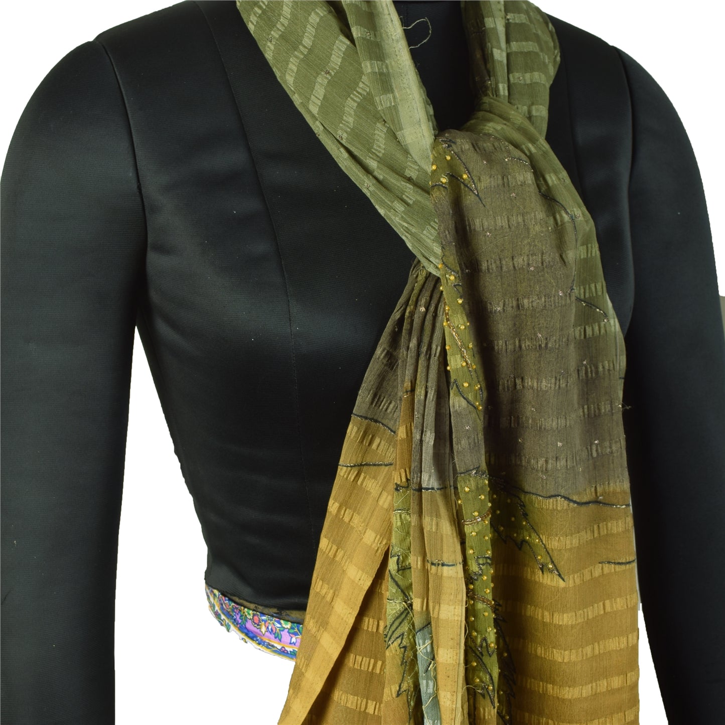 Sanskriti Vintage Dupatta Long Stole Art Silk Green Scarves Hand Beaded Scarves