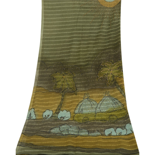 Sanskriti Vintage Dupatta Long Stole Art Silk Green Scarves Hand Beaded Scarves