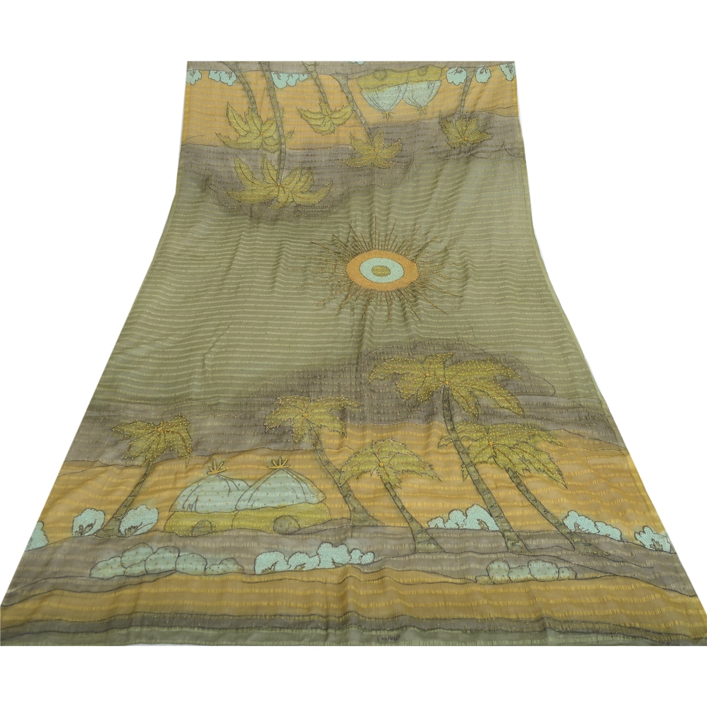 Sanskriti Vintage Dupatta Long Stole Art Silk Green Scarves Hand Beaded Scarves