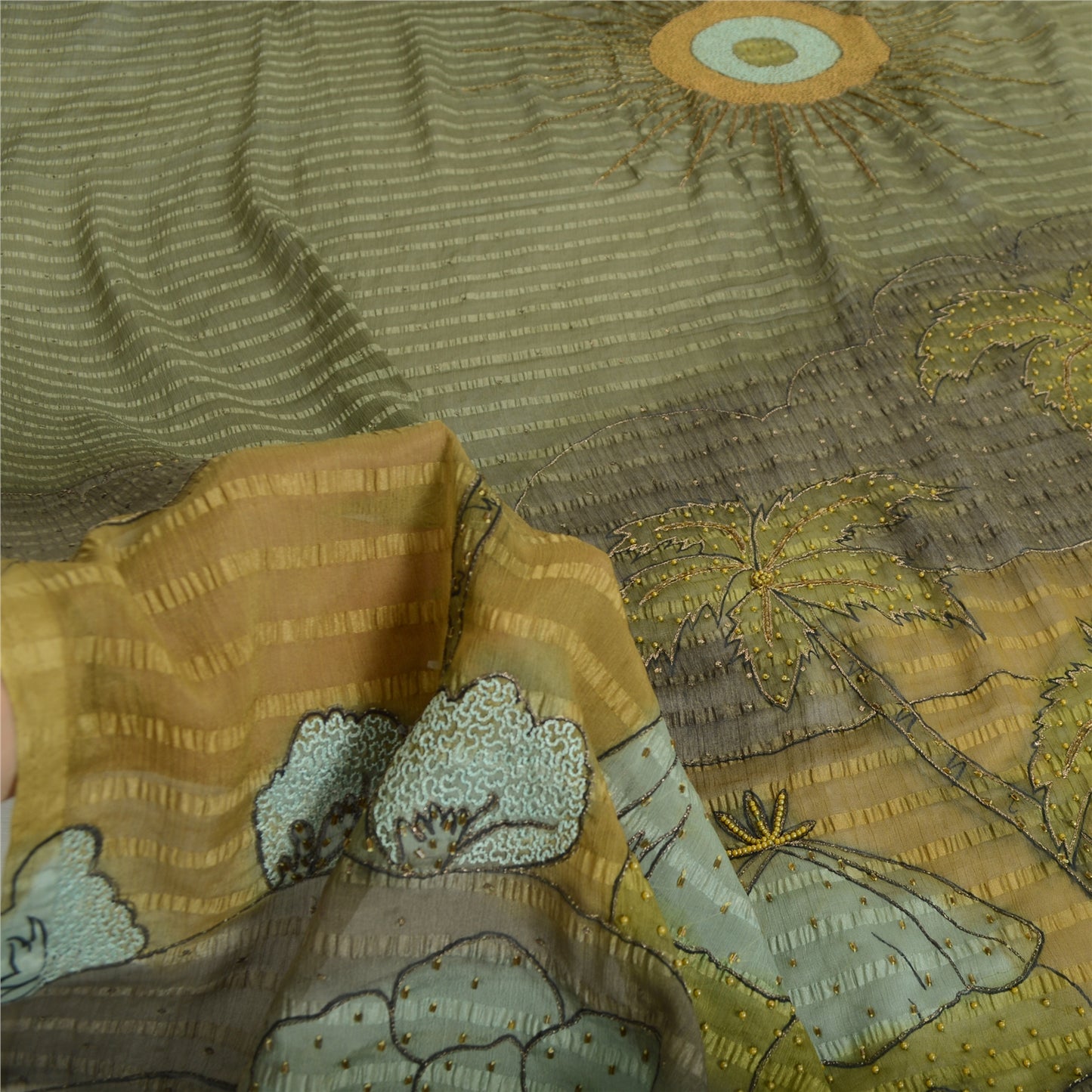 Sanskriti Vintage Dupatta Long Stole Art Silk Green Scarves Hand Beaded Scarves