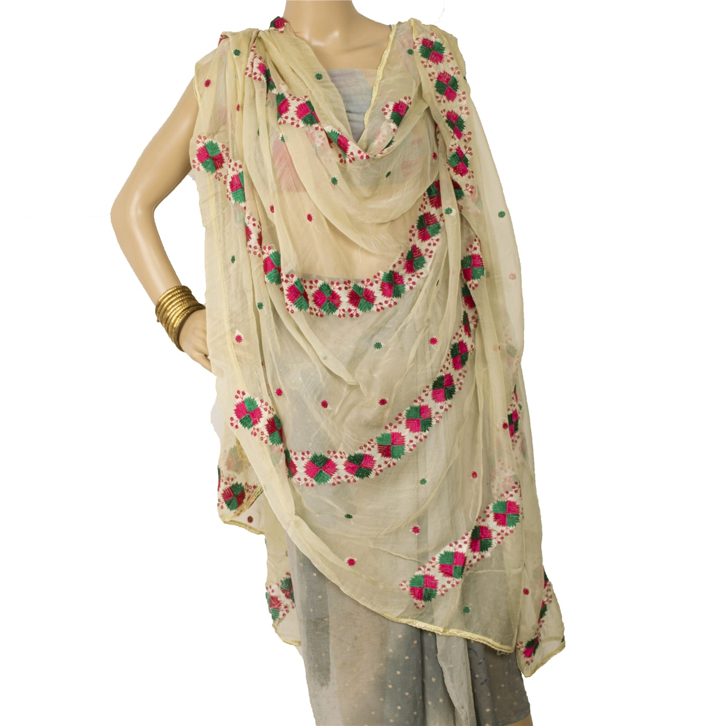 Sanskriti Vintage Cream Dupatta Long Stole Embroidered Bagh Phulkari Wrap Veil