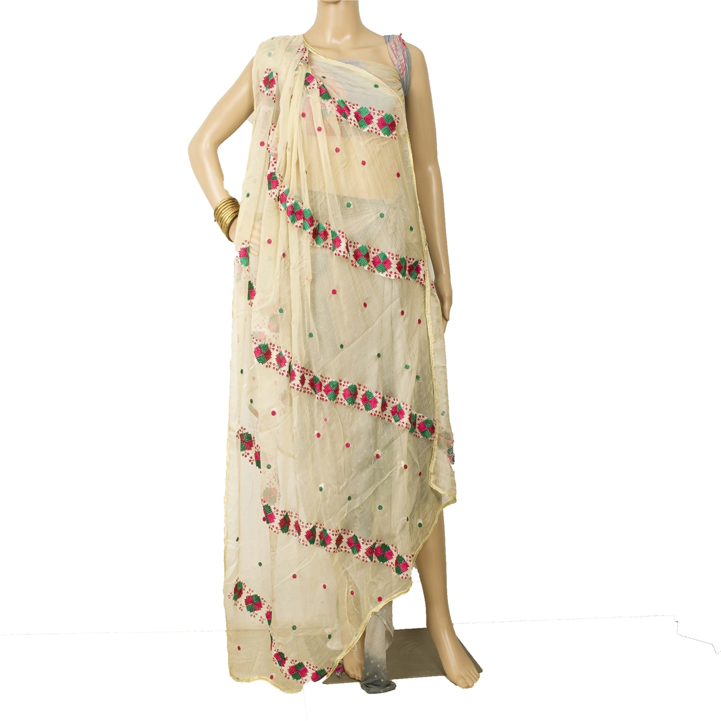Sanskriti Vintage Cream Dupatta Long Stole Embroidered Bagh Phulkari Wrap Veil