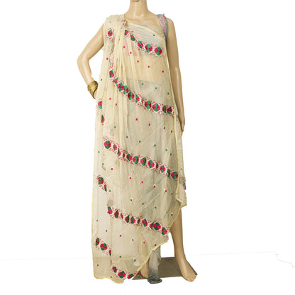 Sanskriti Vintage Cream Dupatta Long Stole Embroidered Bagh Phulkari Wrap Veil