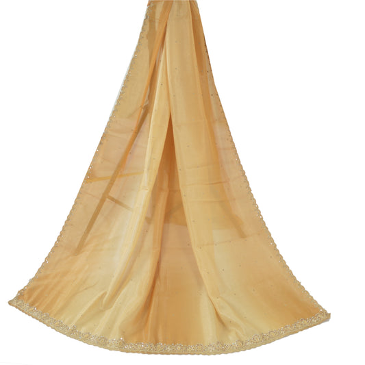 Sanskriti Vintage Golden & Cream Dupatta Long Stole Art Silk Hand Bead Wrap Veil