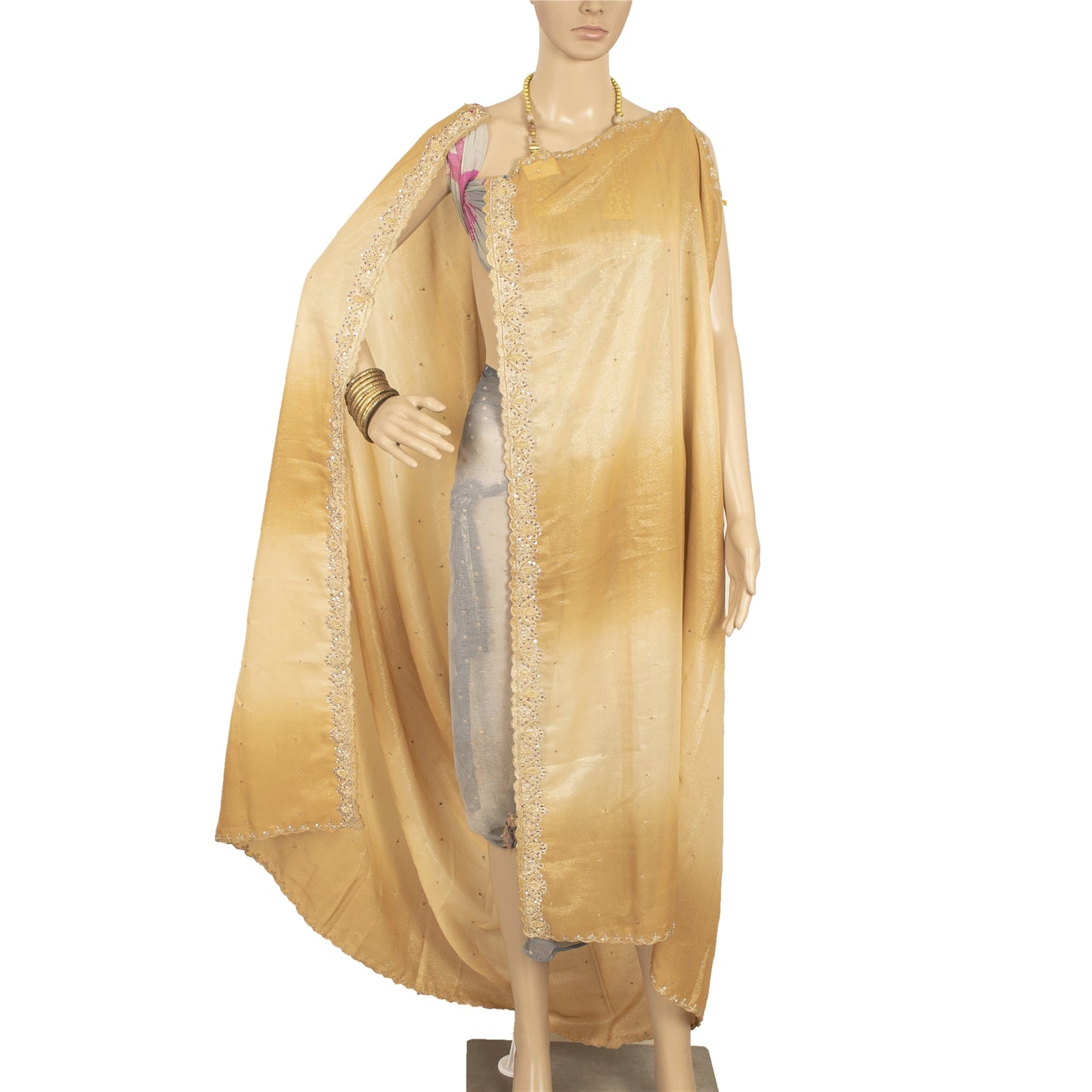 Sanskriti Vintage Golden & Cream Dupatta Long Stole Art Silk Hand Bead Wrap Veil