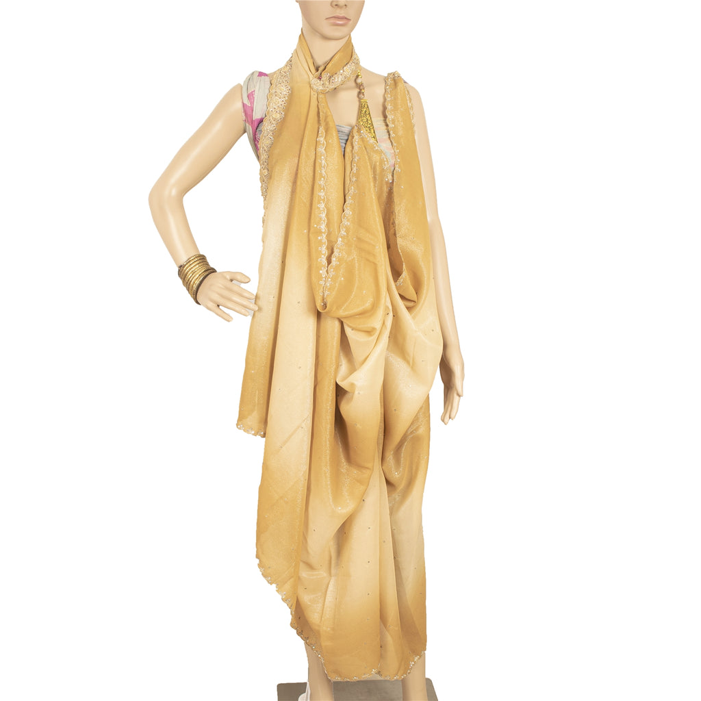 Sanskriti Vintage Golden & Cream Dupatta Long Stole Art Silk Hand Bead Wrap Veil