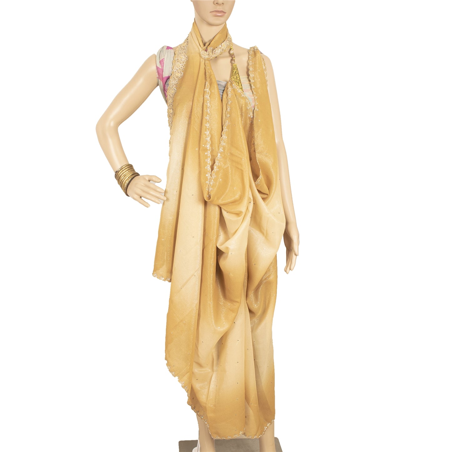 Sanskriti Vintage Golden & Cream Dupatta Long Stole Art Silk Hand Bead Wrap Veil