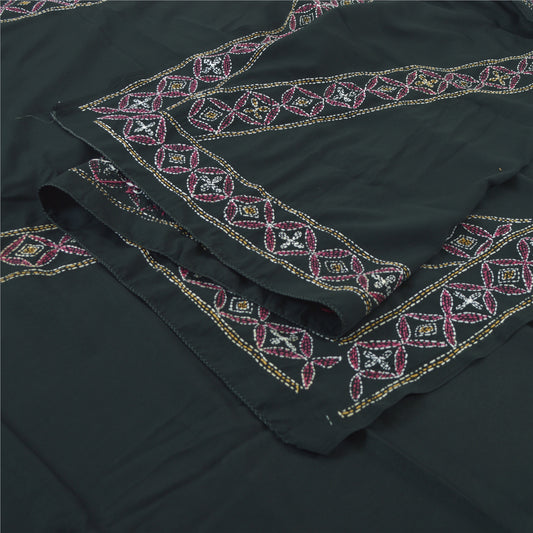 Sanskriti Vintage Black Dupatta Long Stole Art Silk Hand Embroidered Kantha Veil