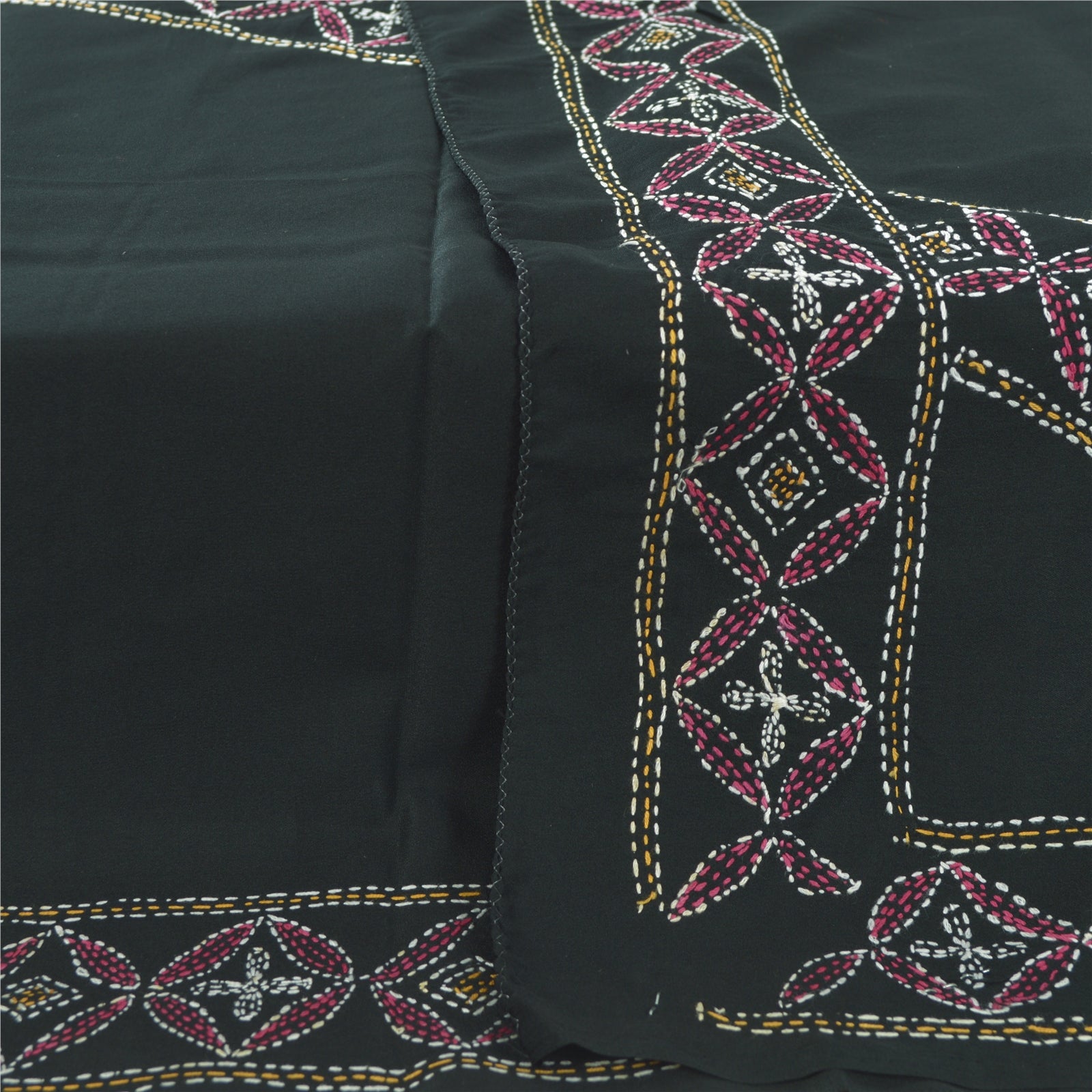 Sanskriti Vintage Black Dupatta Long Stole Art Silk Hand Embroidered Kantha Veil