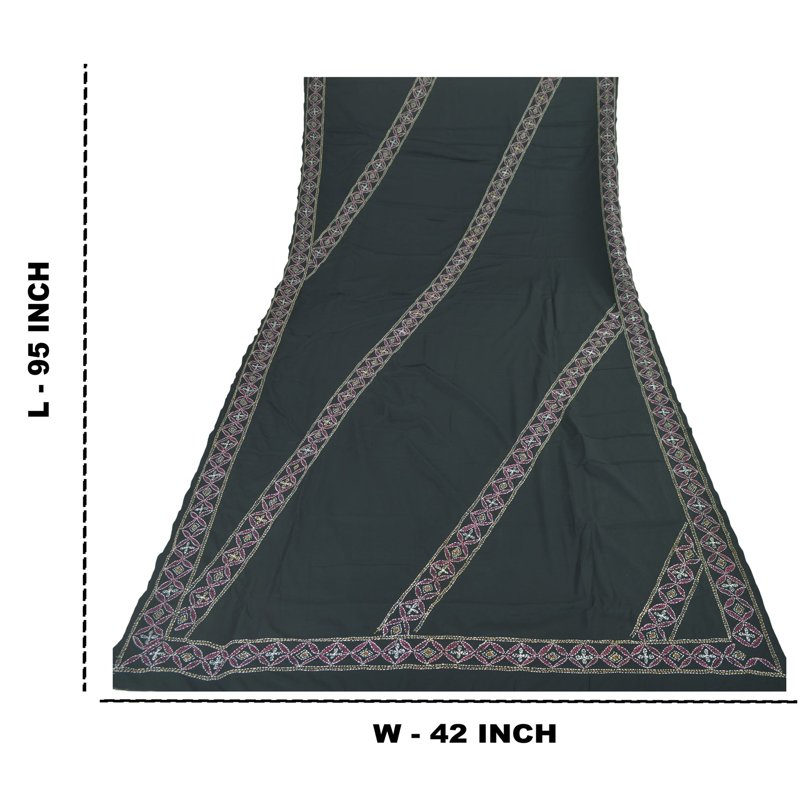 Sanskriti Vintage Dark Green Dupatta Long Stole Art Silk Hand Embroidered Kantha Thread Work Bengal Of Indian Veil Headscarf