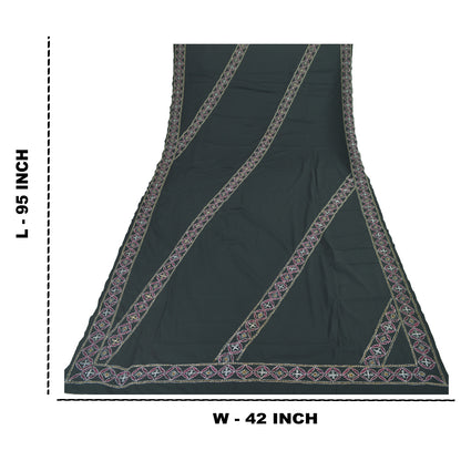 Sanskriti Vintage Black Dupatta Long Stole Art Silk Hand Embroidered Kantha Veil