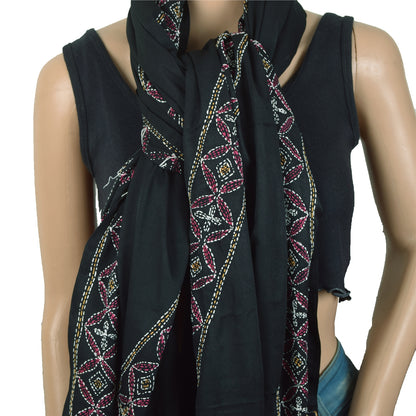 Sanskriti Vintage Black Dupatta Long Stole Art Silk Hand Embroidered Kantha Veil