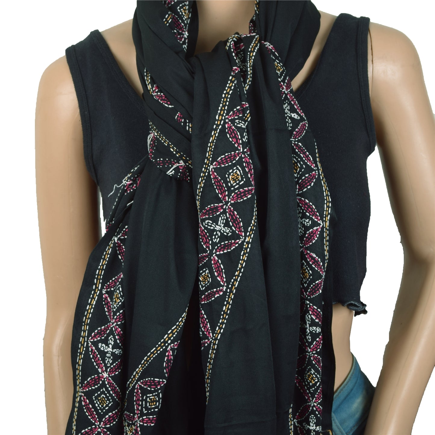 Sanskriti Vintage Black Dupatta Long Stole Art Silk Hand Embroidered Kantha Veil