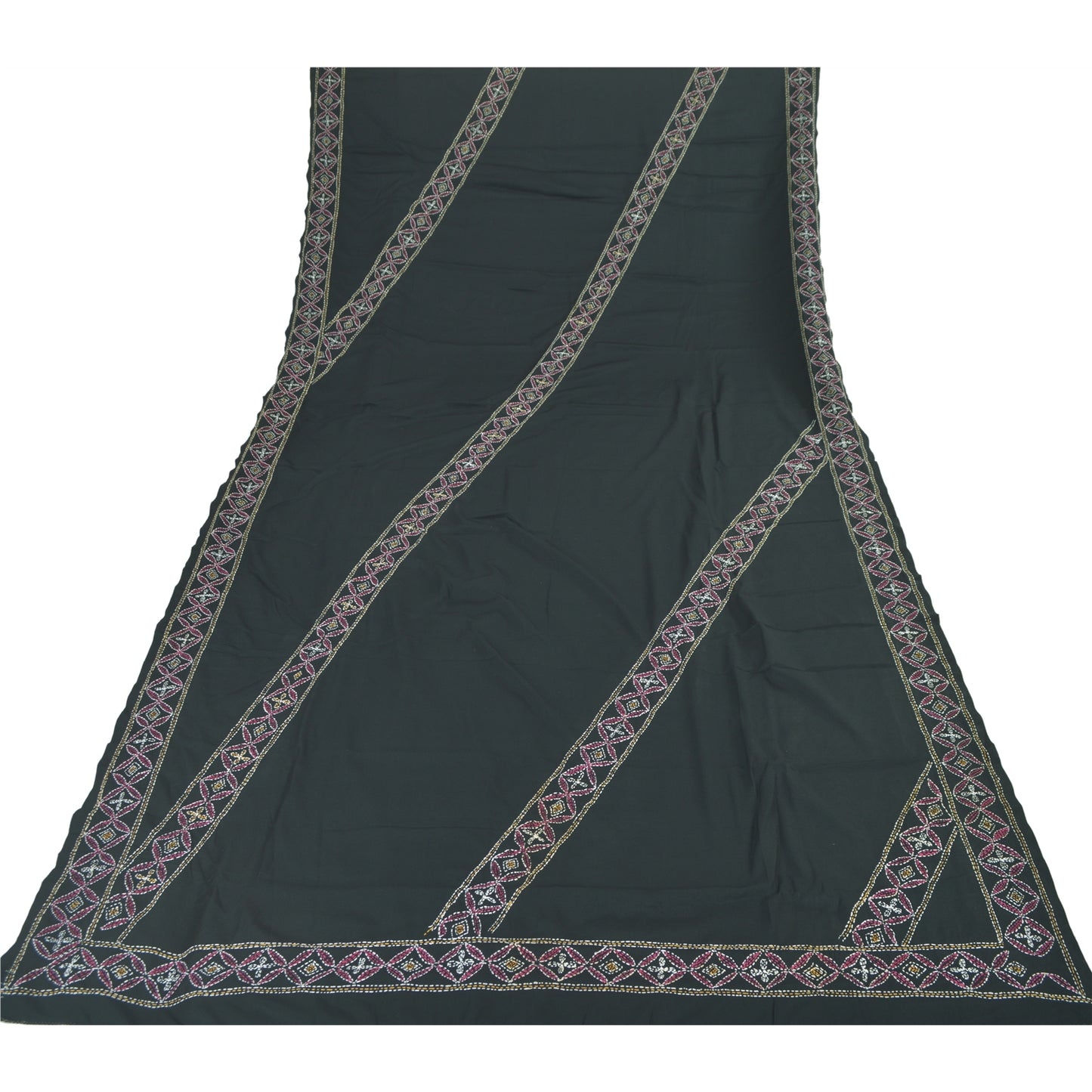 Sanskriti Vintage Black Dupatta Long Stole Art Silk Hand Embroidered Kantha Veil