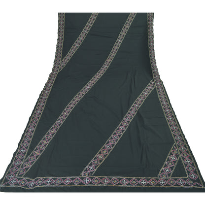 Sanskriti Vintage Black Dupatta Long Stole Art Silk Hand Embroidered Kantha Veil