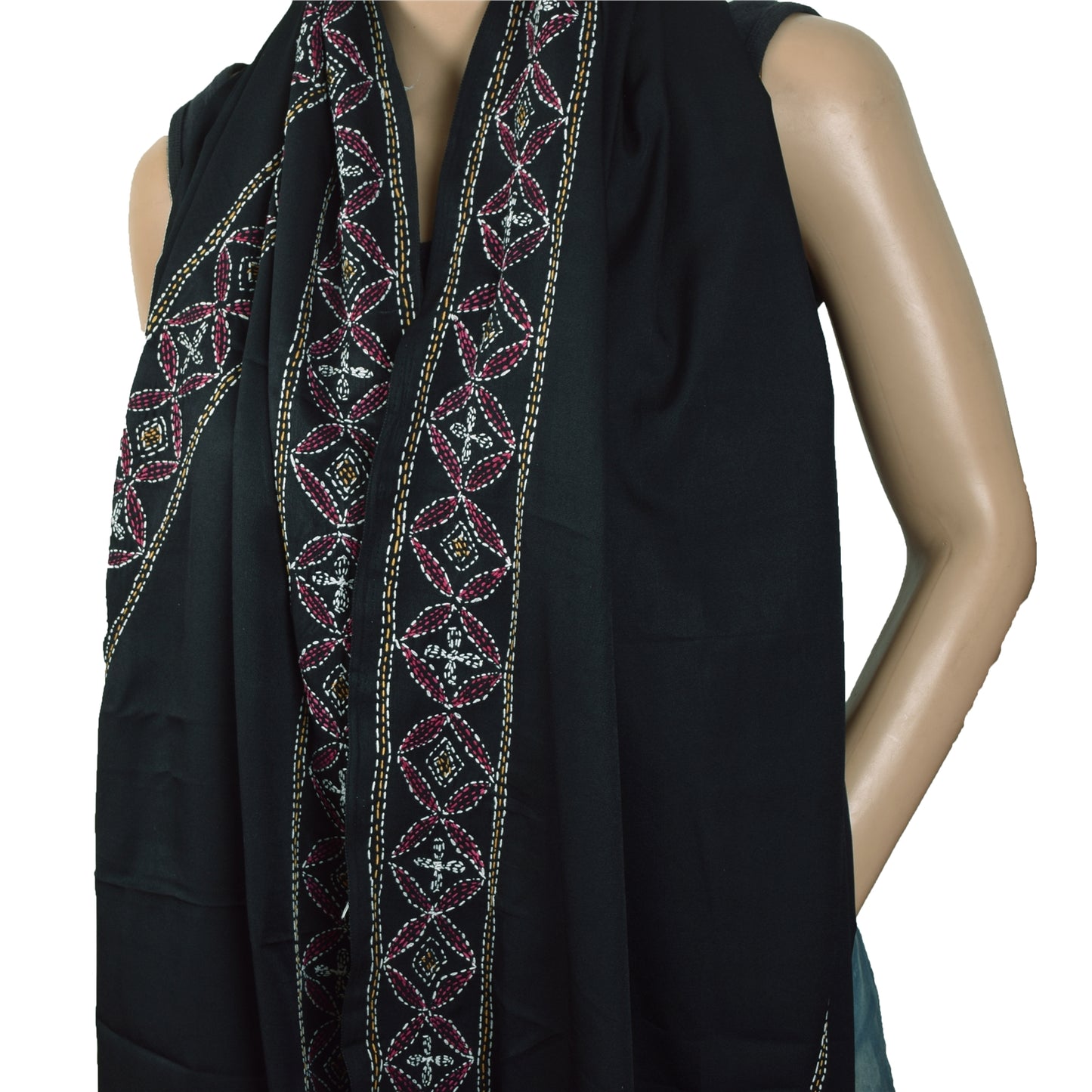 Sanskriti Vintage Black Dupatta Long Stole Art Silk Hand Embroidered Kantha Veil