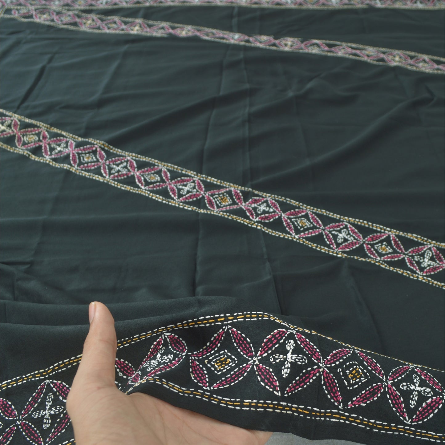 Sanskriti Vintage Black Dupatta Long Stole Art Silk Hand Embroidered Kantha Veil