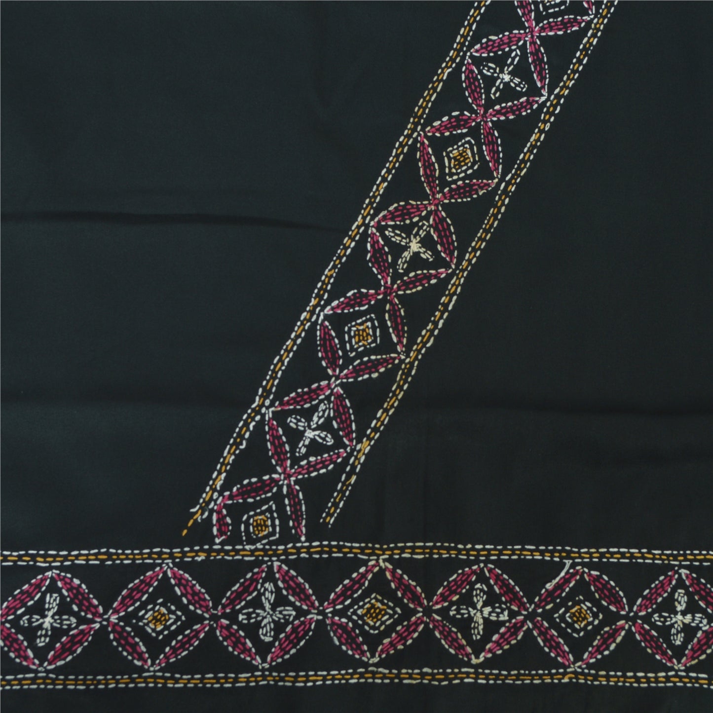 Sanskriti Vintage Black Dupatta Long Stole Art Silk Hand Embroidered Kantha Veil