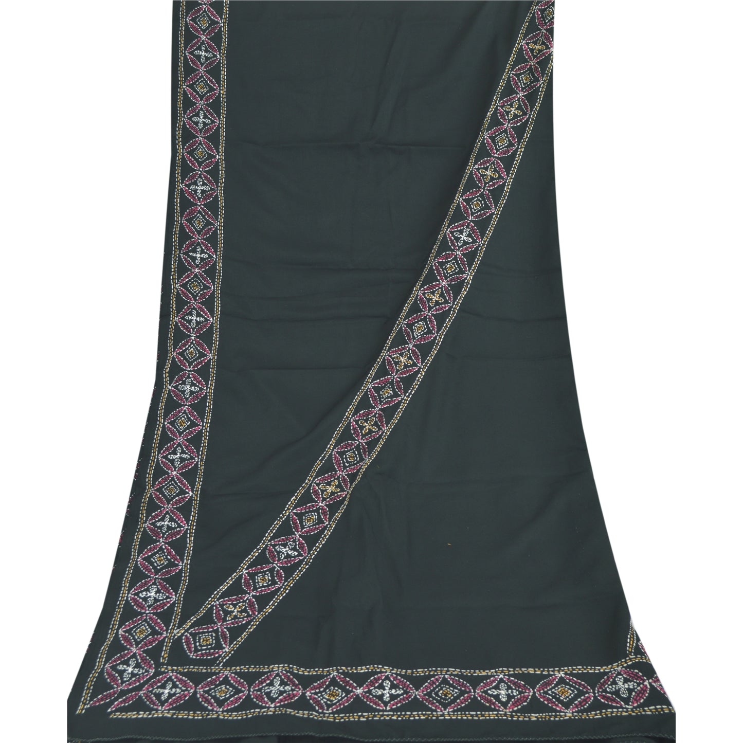 Sanskriti Vintage Black Dupatta Long Stole Art Silk Hand Embroidered Kantha Veil